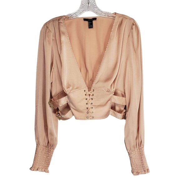 FOREVER 21 Satin Lace-Up Buckle Top L Blush Champagne Tan Nude Puff Sleeves - Picture 5 of 12